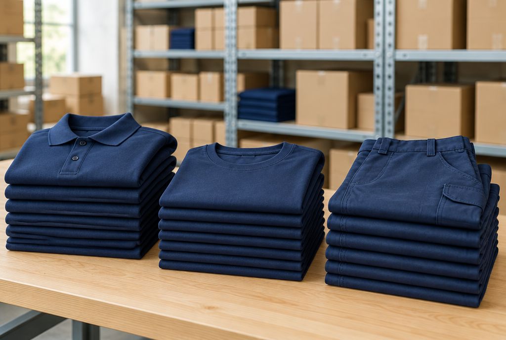 Polos, camisetas y pantalones azul marino doblados en un almacén